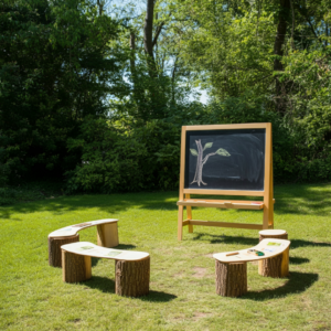 Aula didattica all'aperto con lavagna in legno e panche di tronchi nel verde per progetti di outdoor education