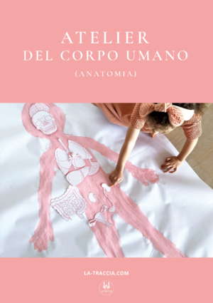 Copertina della guida PDF Atelier del Corpo Umano (Anatomia) di La Traccia: sagoma rosa di una bambina disegnata a grandezza naturale con gli organi di carta posizionati al loro posto